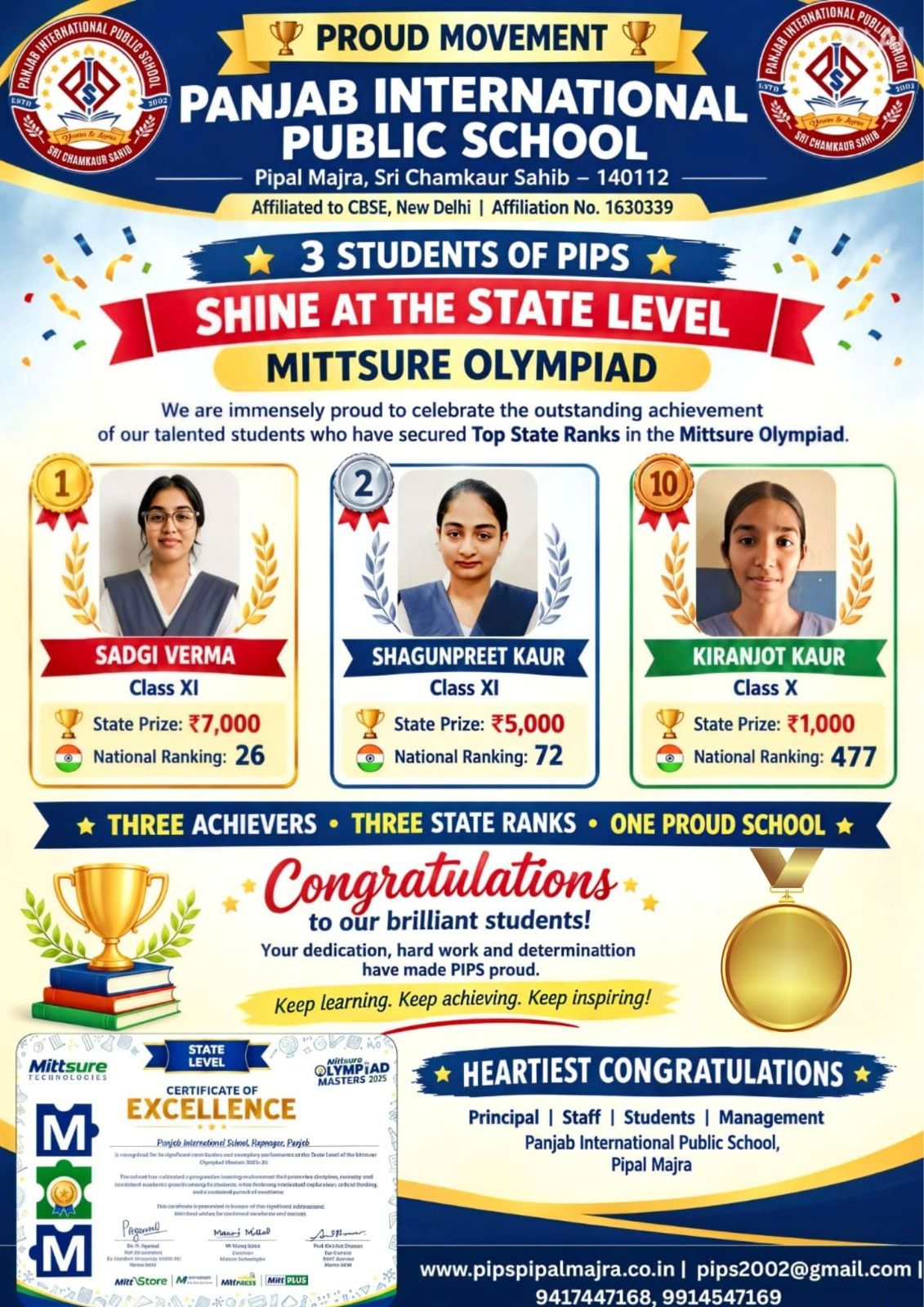 THREE ACHIEVERS, THREE STATE RANKS, ONE PROUD SCHOOL